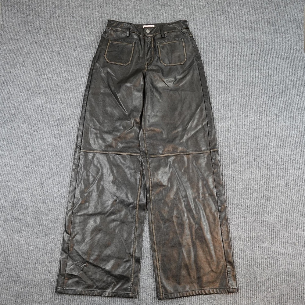Vintage Guess Leather Wide Leg Pants Womens 25 Black Coated Twill Faux